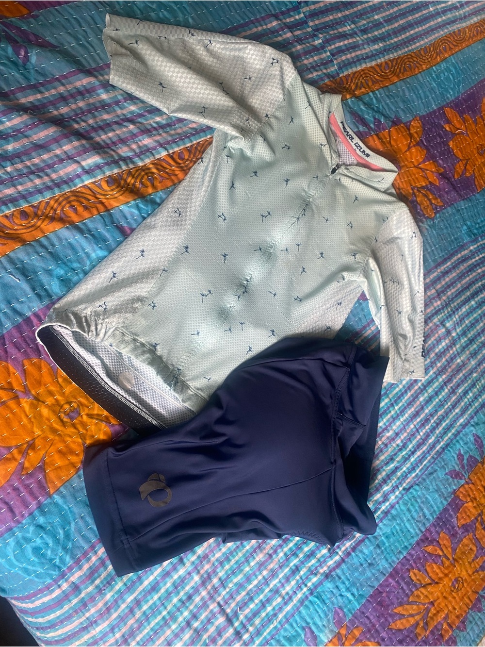 Pearl Izumi Light Mint Short Sleeve Jersey with Navy Cycling Shorts